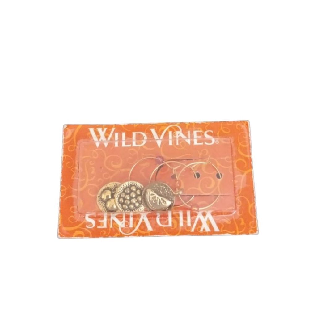 Wild Vines Gold Toned Metal Round Fruit Charms Wine Glass Stem Markers Set of 3
